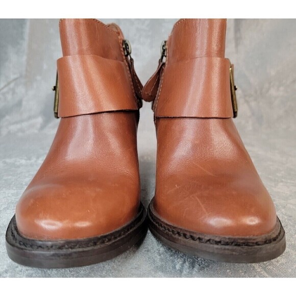 Steven by Steve Madden Fairlow Heeled Cognac Chunky Bootie Strap women Sz 6 EUC! - Picture 2 of 12